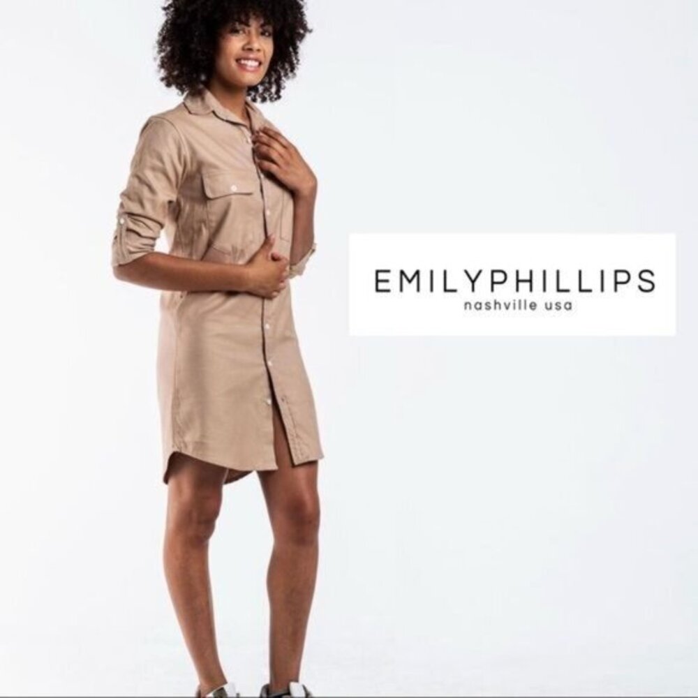 Emily Phillips 6 Shirtdress Tan Top Dress Small Button Down Up Long Sleeve Mini